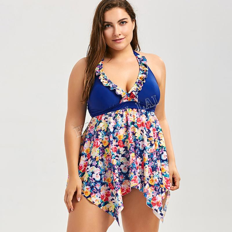 Haiyunlai Multicolor Floral Prints Ruffled Halter Neck Swimwear