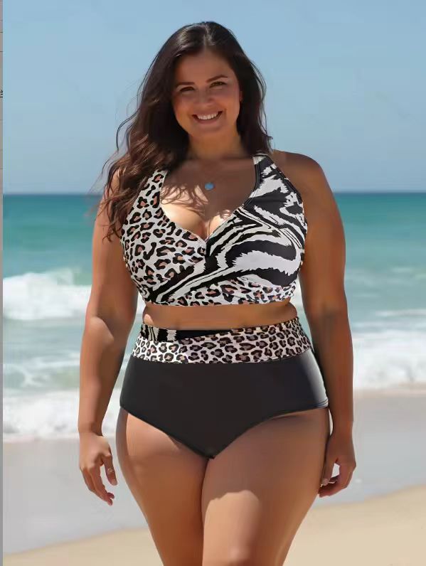 Two Leopard Print Patterns Sspliced Plus Size Bikini XL-3XL