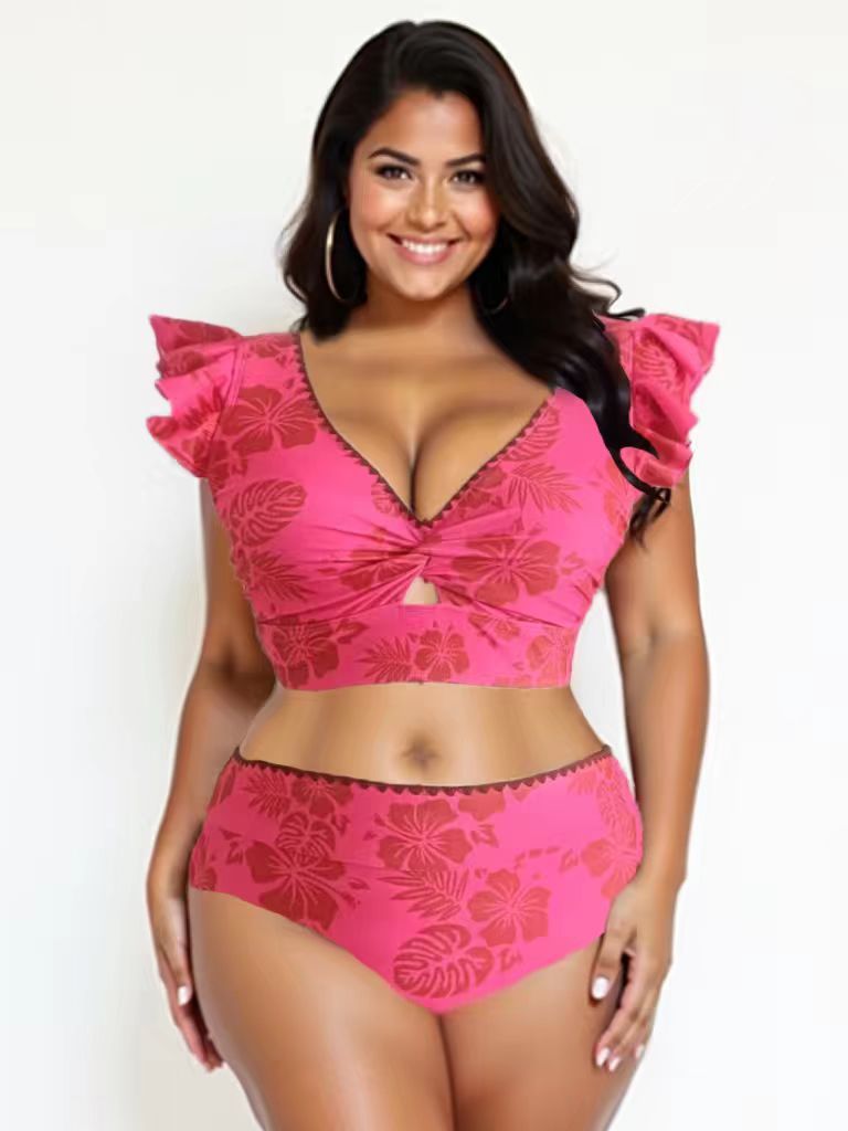 2025 Summer Popular Trend Pink Floral Pattern with Ruffled Cuffs Plus Size Bikini