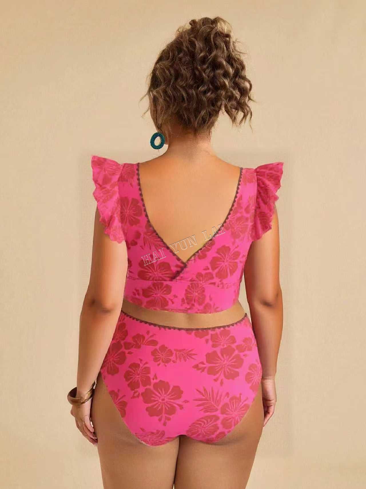 2025 Summer Popular Trend Pink Floral Pattern with Ruffled Cuffs Plus Size Bikini