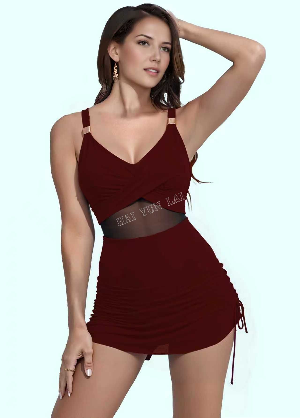 Deep Red Swimwear Black Mesh Fabric Covering the Waist for Sexy Plus Size One-piece Swimwear