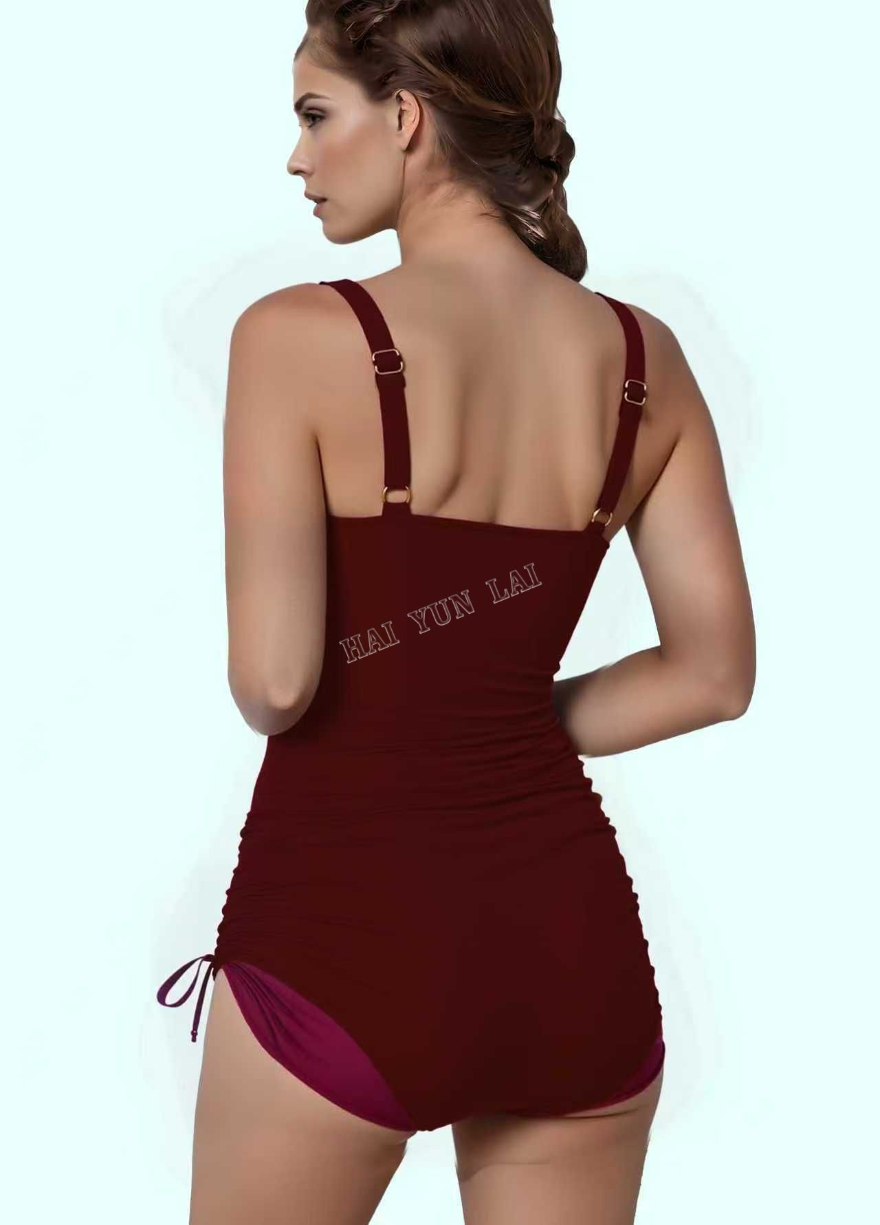Deep Red Swimwear Black Mesh Fabric Covering the Waist for Sexy Plus Size One-piece Swimwear