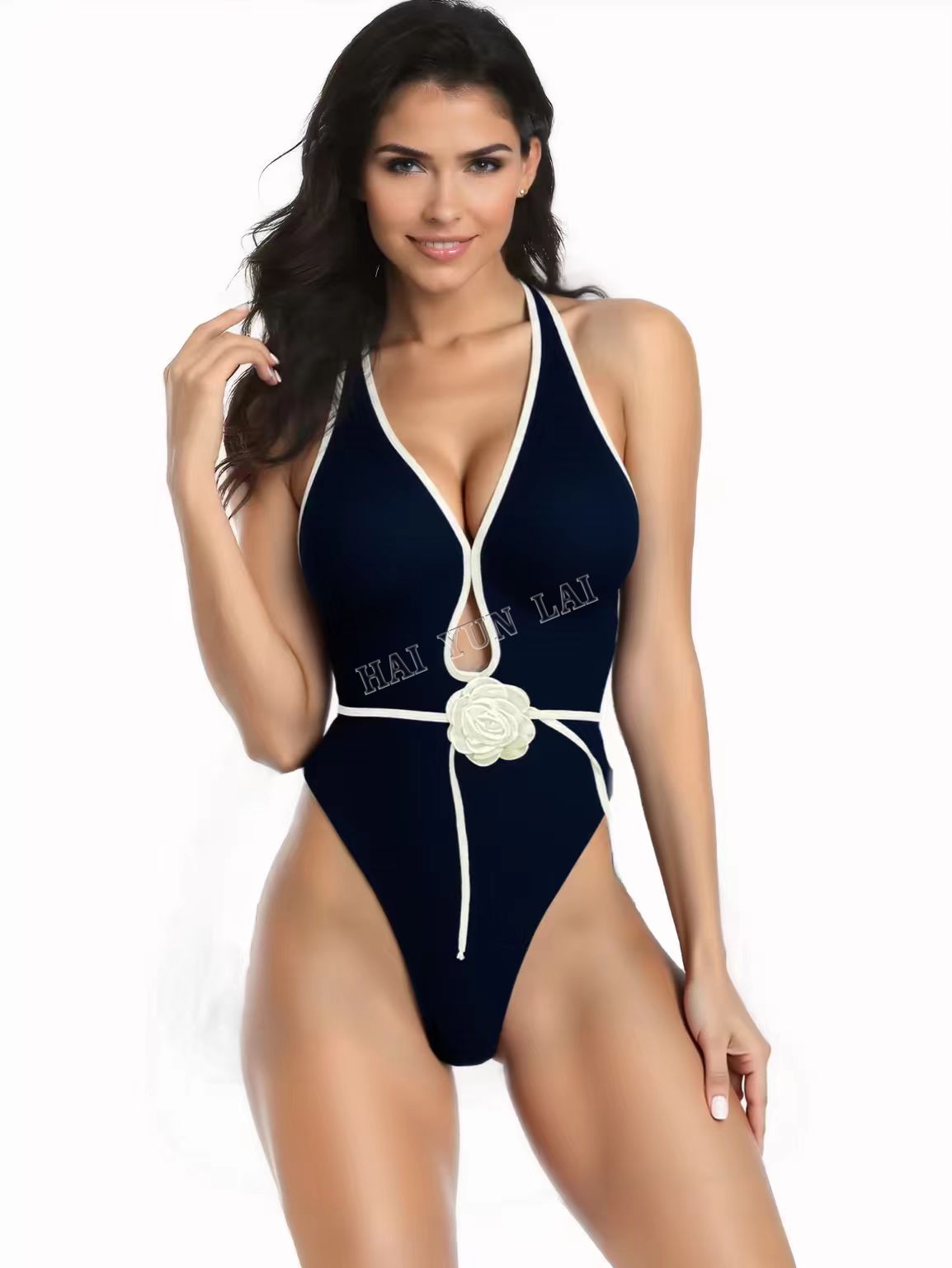 European American Women's Cross-Border Bikini Beachwear Hot-Selling Black White Camellia One-Piece Swimsuit Sexy