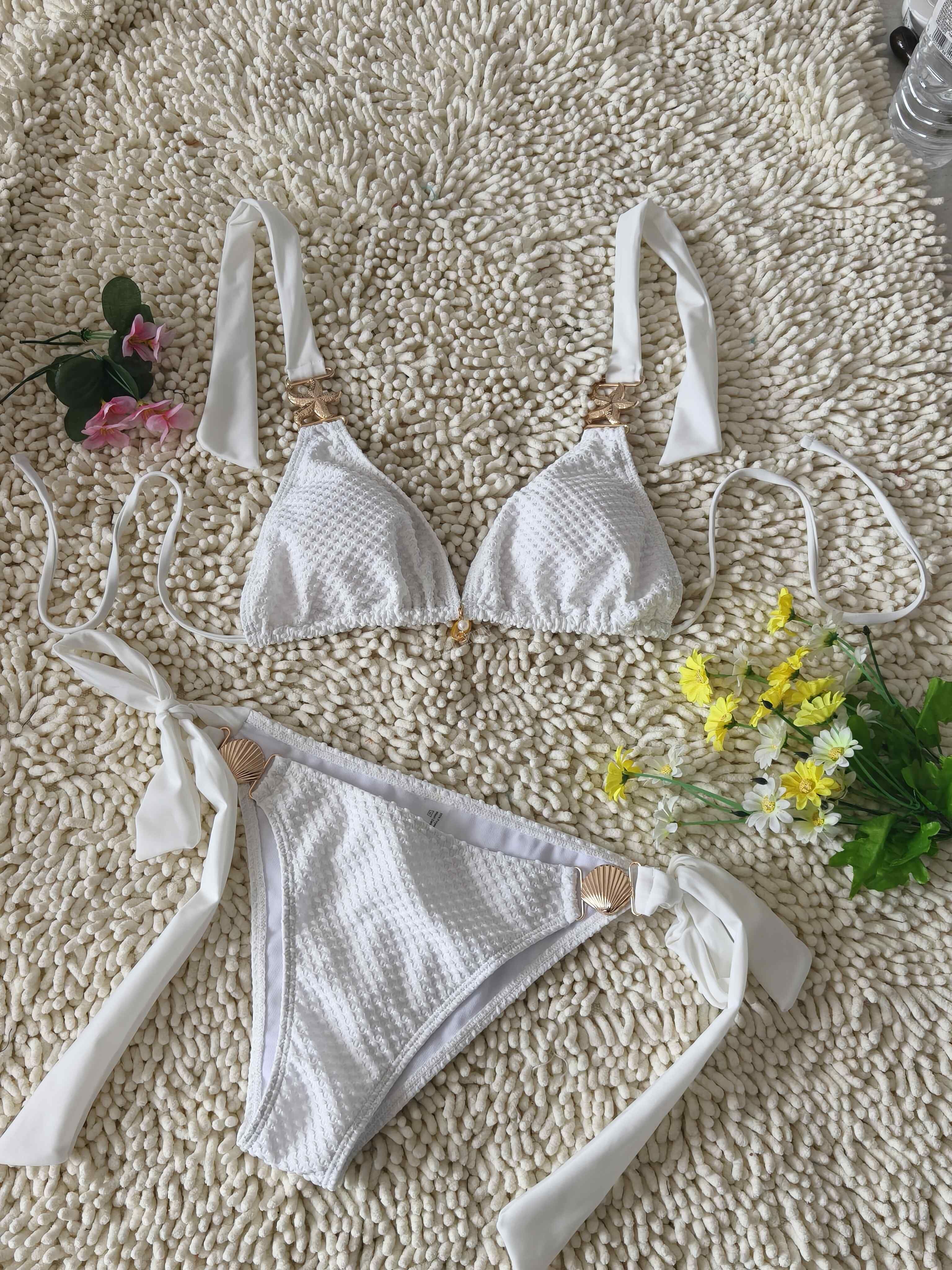 Three-Dimensional Pattern Fabric Bikini White Simple Metal Chain Swimsuit Sexy Deep V Tie Swimwear Three-Dimensional Pattern Fabric Bikini White Simple Metal Chain Swimsuit Sexy Deep V Tie Swimwear