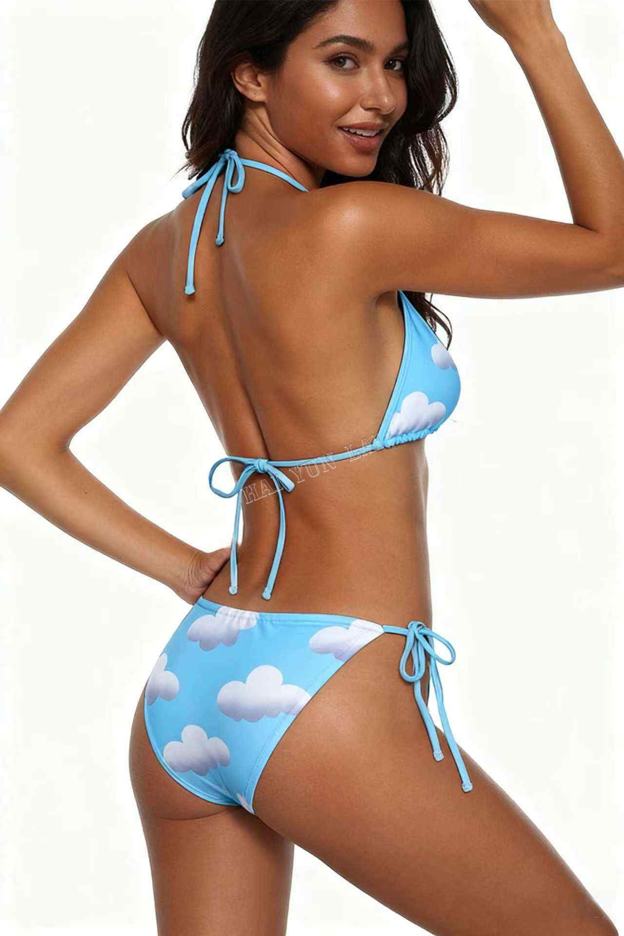 White Clouds Cute Bikini Sky Blue Deep V Tie Swimsuit White Clouds Cute Bikini Sky Blue Deep V Tie Swimsuit