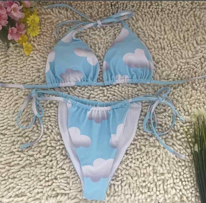 White Clouds Cute Bikini Sky Blue Deep V Tie Swimsuit White Clouds Cute Bikini Sky Blue Deep V Tie Swimsuit