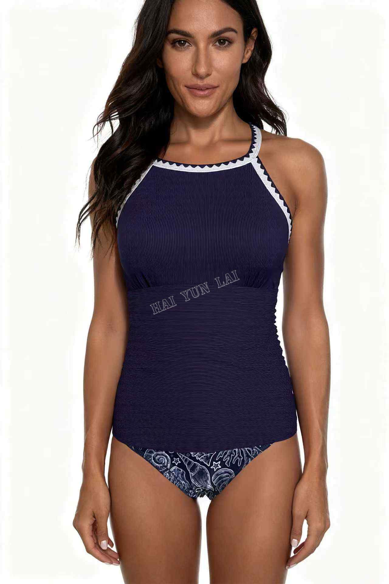 Spot Eco-friendly Fabric Navy Round Neck Swimsuit Sexy Tankini