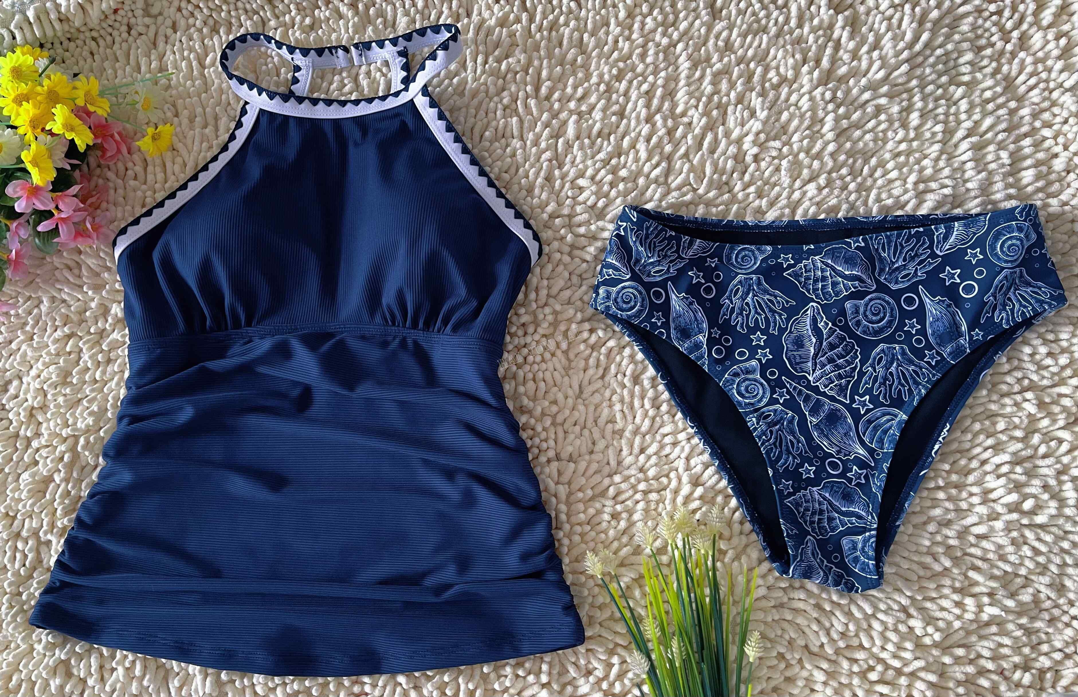 Spot Eco-friendly Fabric Navy Round Neck Swimsuit Sexy Tankini Spot Eco-friendly Fabric Navy Round Neck Swimsuit Sexy Tankini