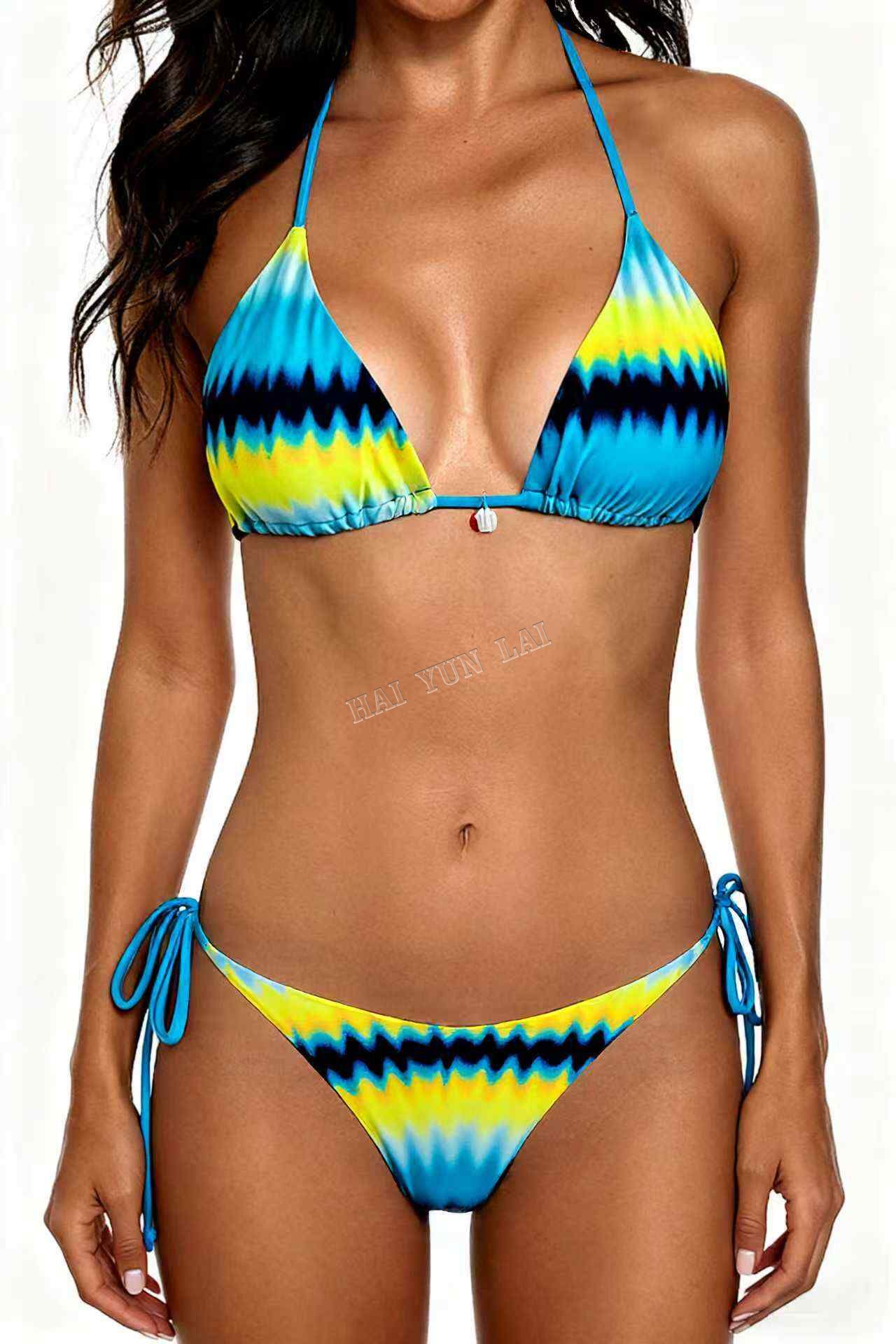 2026 New Bikini Yellow and Blue Color Clash Design Swimsuit Wave Pattern Print Eco-friendly Fabric 2026 New Bikini Yellow and Blue Color Clash Design Swimsuit Wave Pattern Print Eco-friendly Fabric