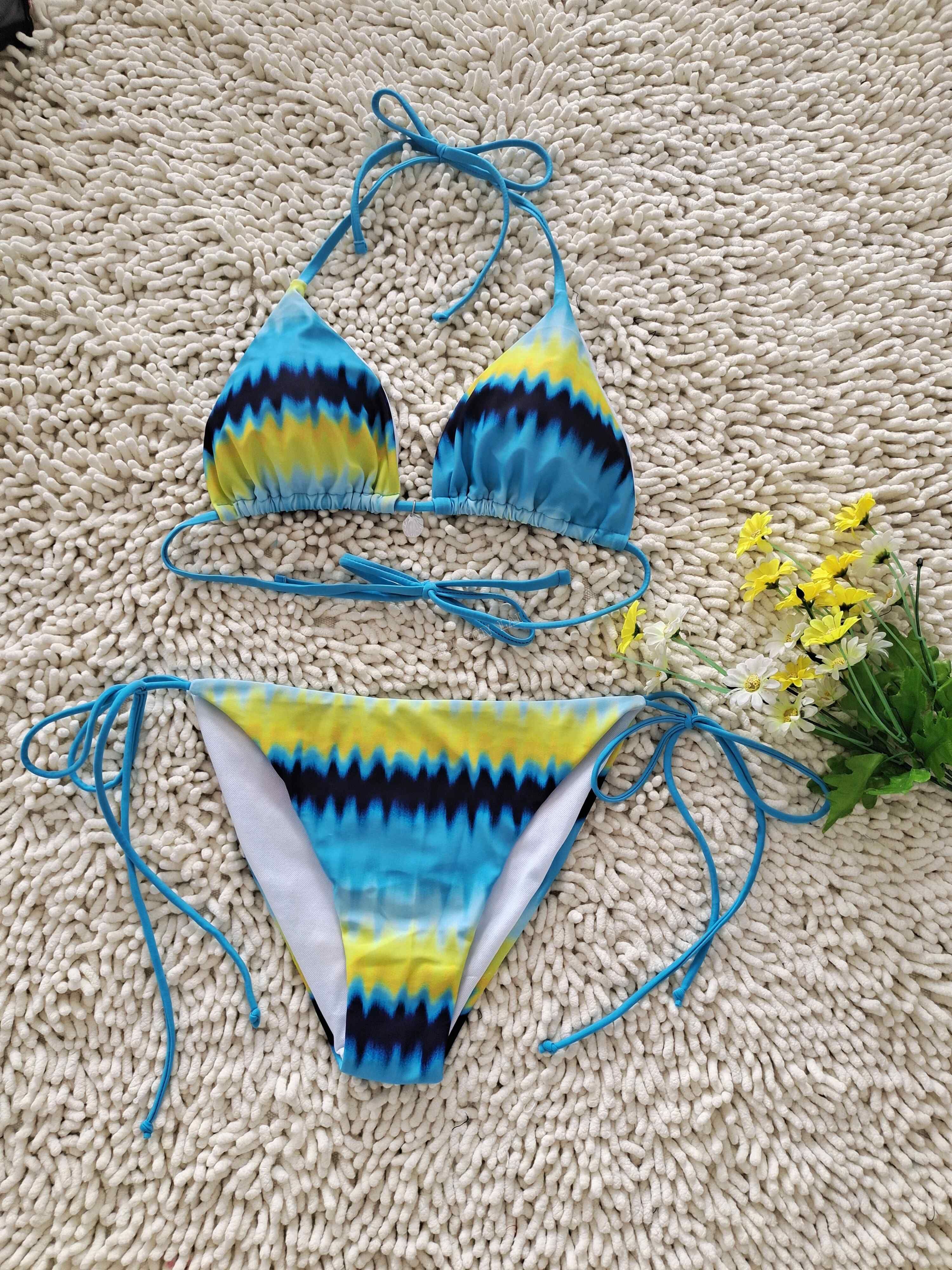 2026 New Bikini Yellow and Blue Color Clash Design Swimsuit Wave Pattern Print Eco-friendly Fabric 2026 New Bikini Yellow and Blue Color Clash Design Swimsuit Wave Pattern Print Eco-friendly Fabric