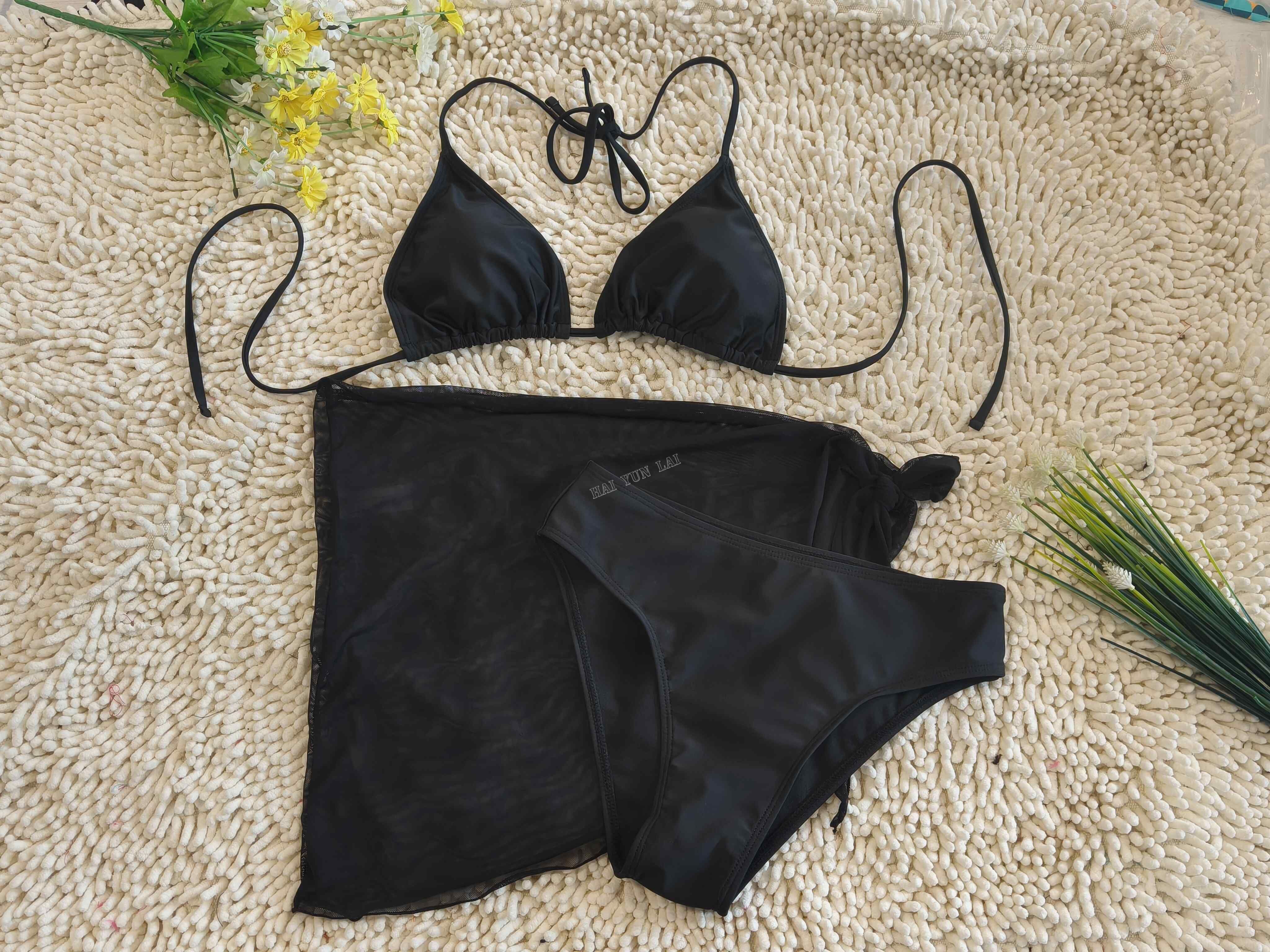 Three Piece Bikini Gauze See Through Sexy Deep V Black Swimsuit Three Piece Bikini Gauze See Through Sexy Deep V Black Swimsuit