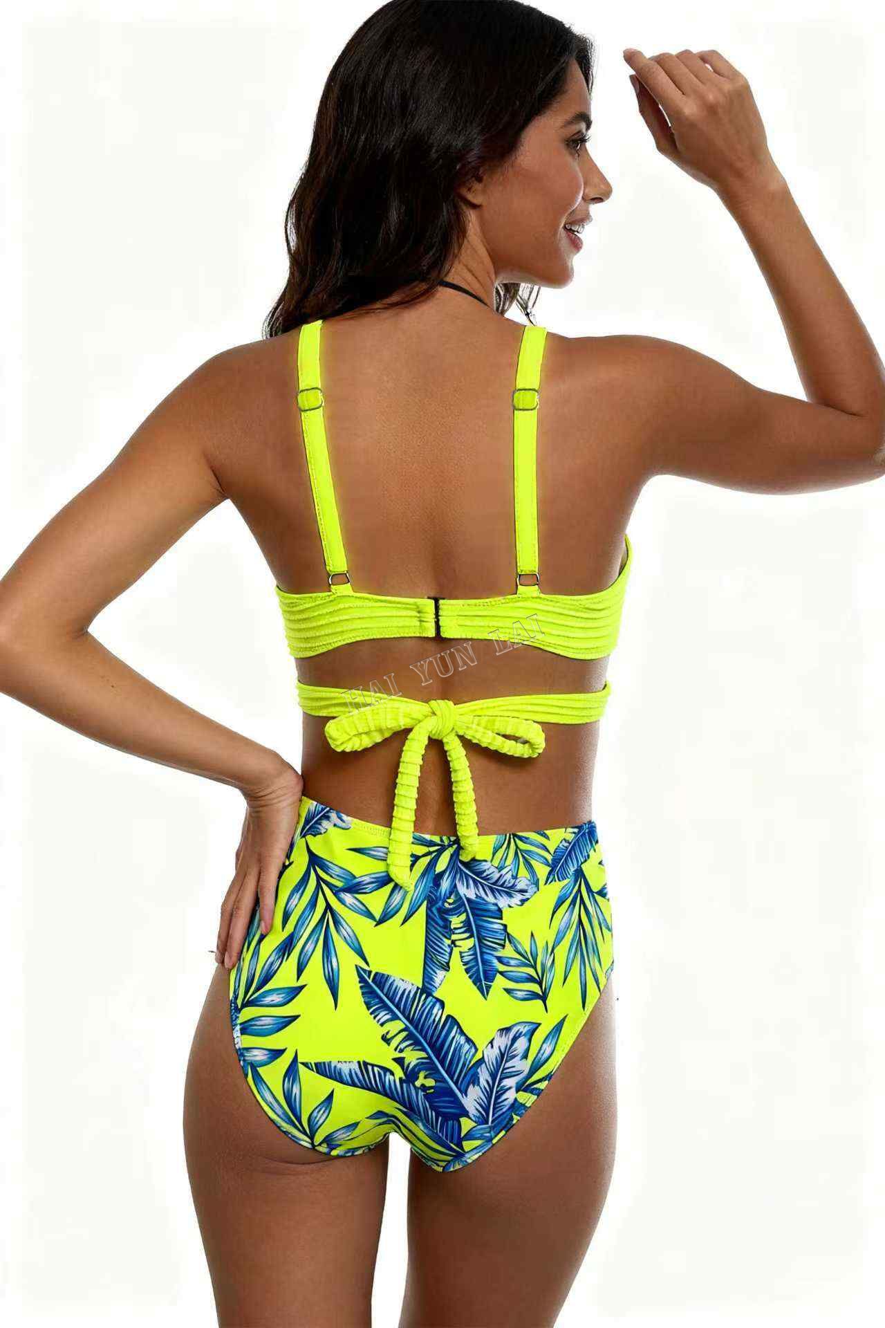 Fluorescent Yellow Crossover Design Bikini Palm Leaf Print Swimwear Fluorescent Yellow Crossover Design Bikini Palm Leaf Print Swimwear