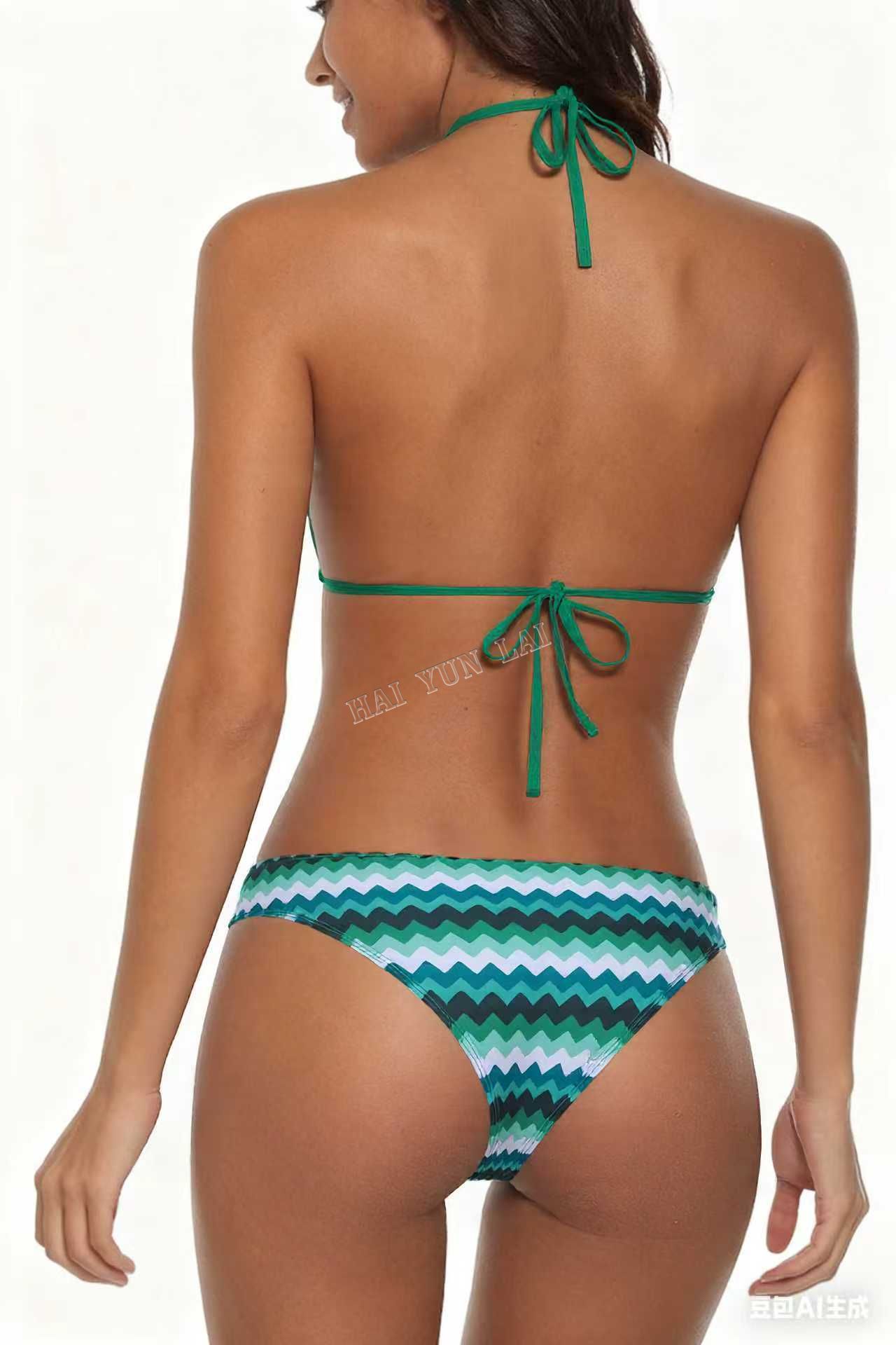 Lake Blue Halter Neck Swimwear with Wave Pattern for Women