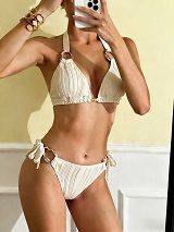 Women's Pleated Halter Bikini with Gold Metal Hardware, Two-Piece Swimsuit