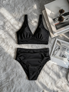 Women's Sheer Mesh Insert Bikini, V-Neck Tank Top & High Waist Swim Bottom Set