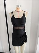 Women's Mesh Insert Swim Dress, Ruched Side Tie Skirted One-Piece Bathing Suit