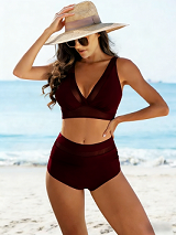 Women's Sheer Mesh Insert Bikini, V-Neck Crop Top & High Waist Swim Bottom