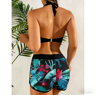 Women's Floral Print Halter Bikini Top & Swim Shorts Two-Piece
