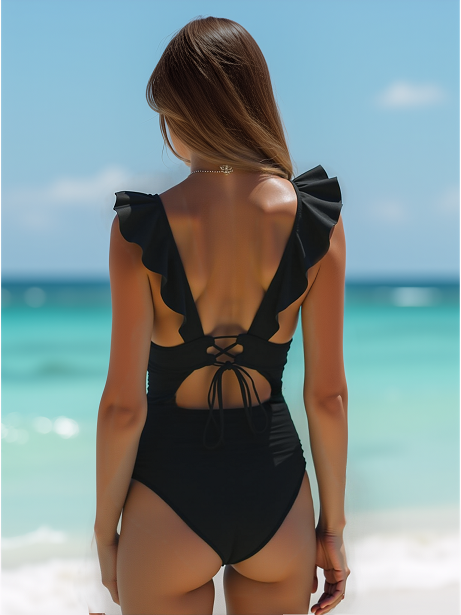 Women's Flounce Shoulder Plunge Neck Bathing Suit