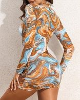 Marble Print 3-Piece Swimsuit with Halter Bikini and Ruched Mesh Cover-Up Dress