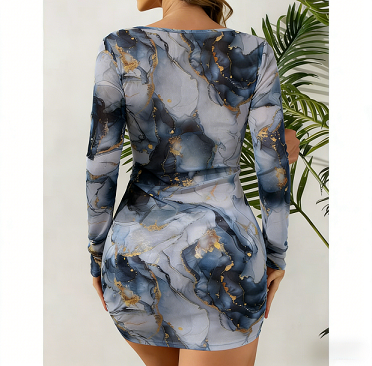Marble Print 3-Piece Swimsuit with Halter Bikini and Ruched Mesh Cover-Up Dress