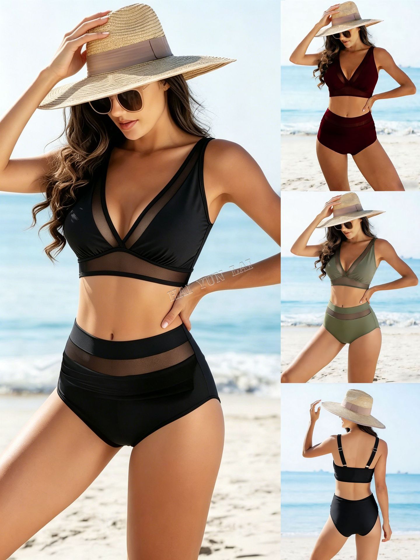 Black Mesh High Waist Bikini, V Neck Two Piece Swimsuit, Minimizer Top for Full Bust, Tummy Control Swimwear for Vacation