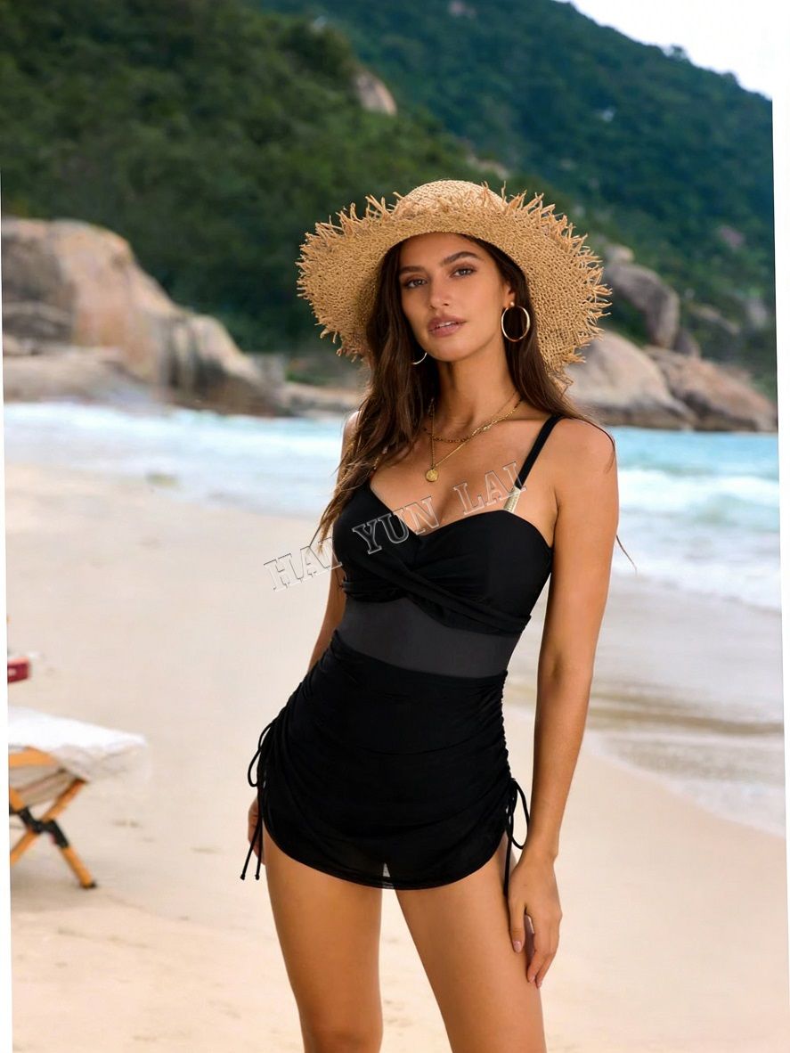 Twist Front Mesh Drawstring One Piece Swimsuit Women Tummy Control Black Cover Up Swimwear