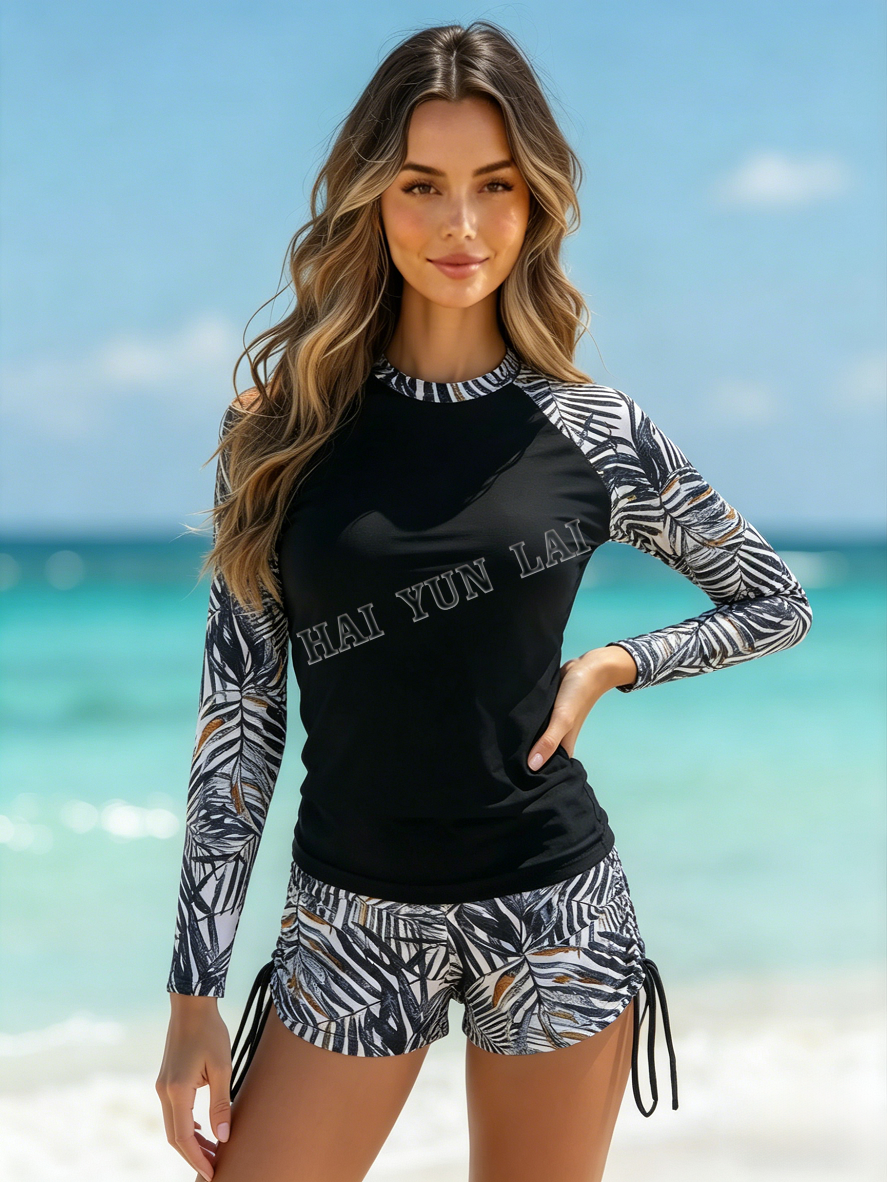 UPF50+ Long Sleeve Rash Guard Two Piece Swim Set Tropical Leaf Print Drawstring Swim Shorts UPF50+ Long Sleeve Rash Guard Two Piece Swim Set Tropical Leaf Print Drawstring Swim Shorts