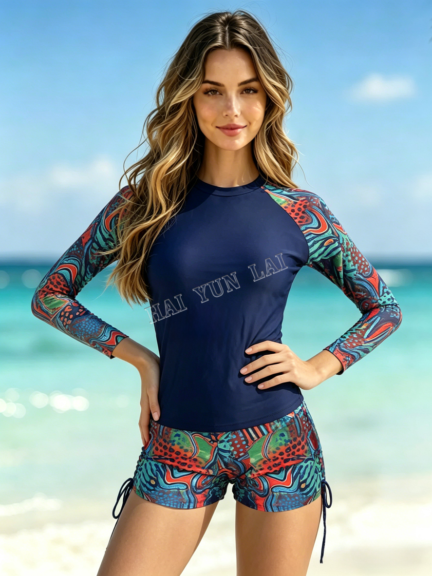 UPF50+ Long Sleeve Rash Guard Two Piece Swim Set Tropical Leaf Print Drawstring Swim Shorts
