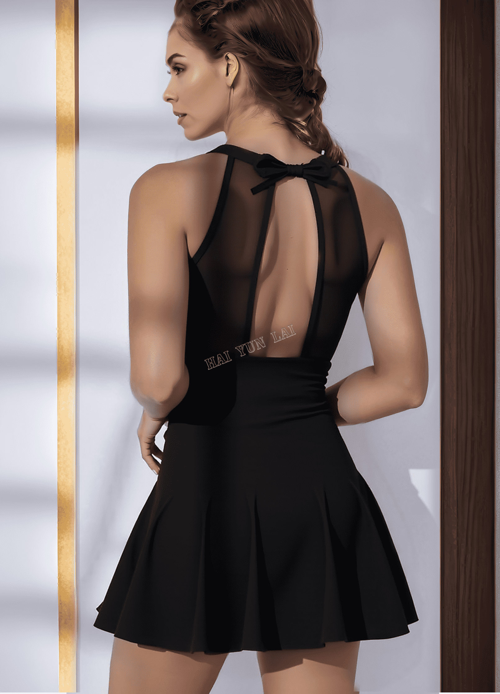 Black Color Sheer Mesh Insert Plus Size Swimdress Women One Piece Swimsuit S-XL