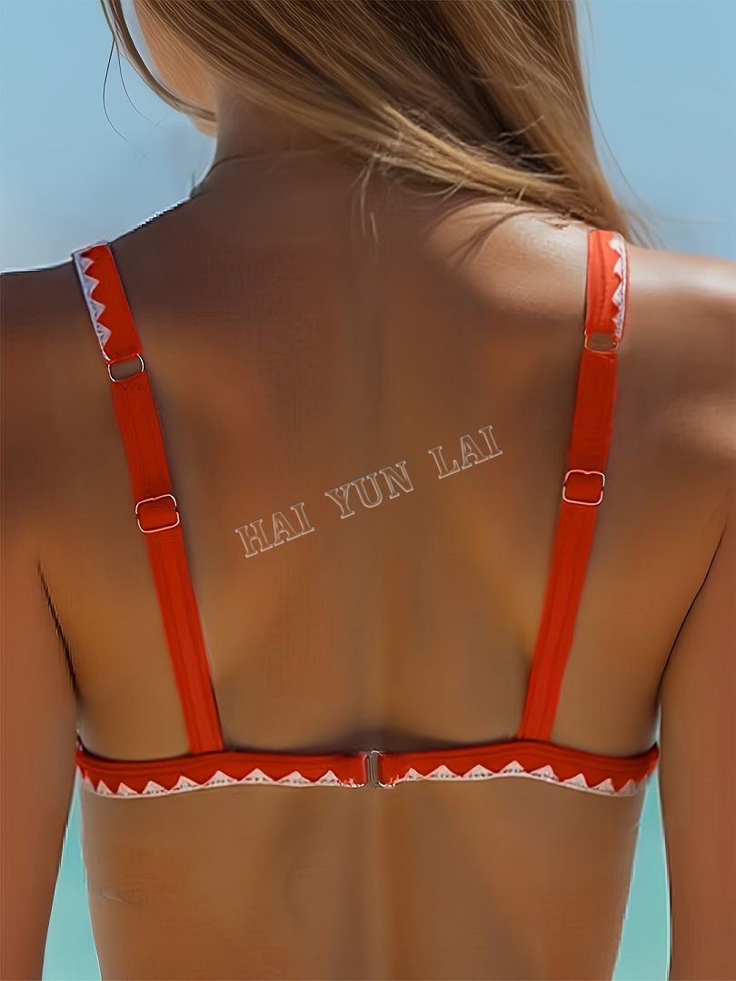 Europe and the United States New Hard Cup Bra Padded Split High Waist Printed Lace Swimsuit Orange Bikini