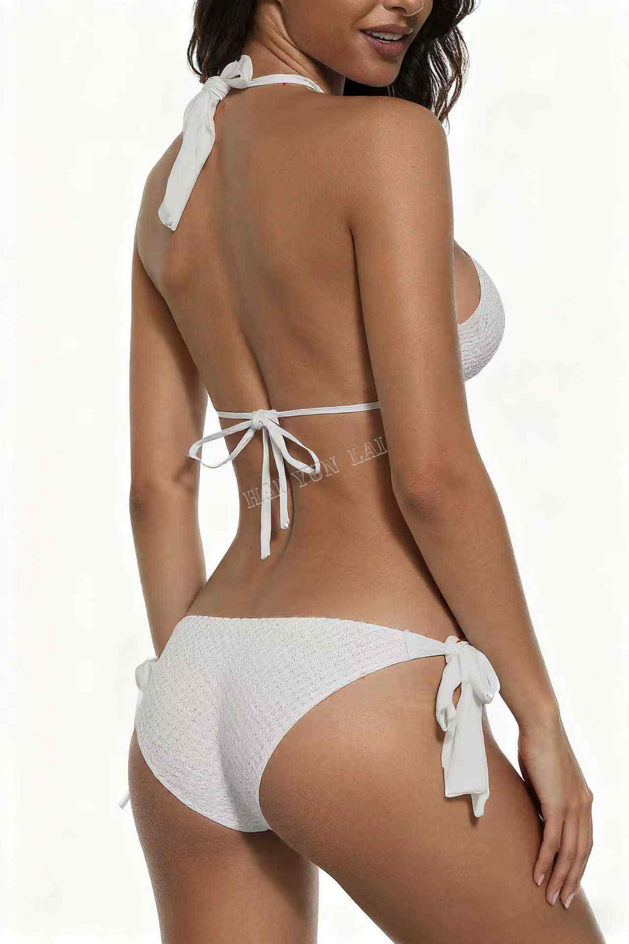 Three-Dimensional Pattern Fabric Bikini White Simple Metal Chain Swimsuit Sexy Deep V Tie Swimwear Three-Dimensional Pattern Fabric Bikini White Simple Metal Chain Swimsuit Sexy Deep V Tie Swimwear