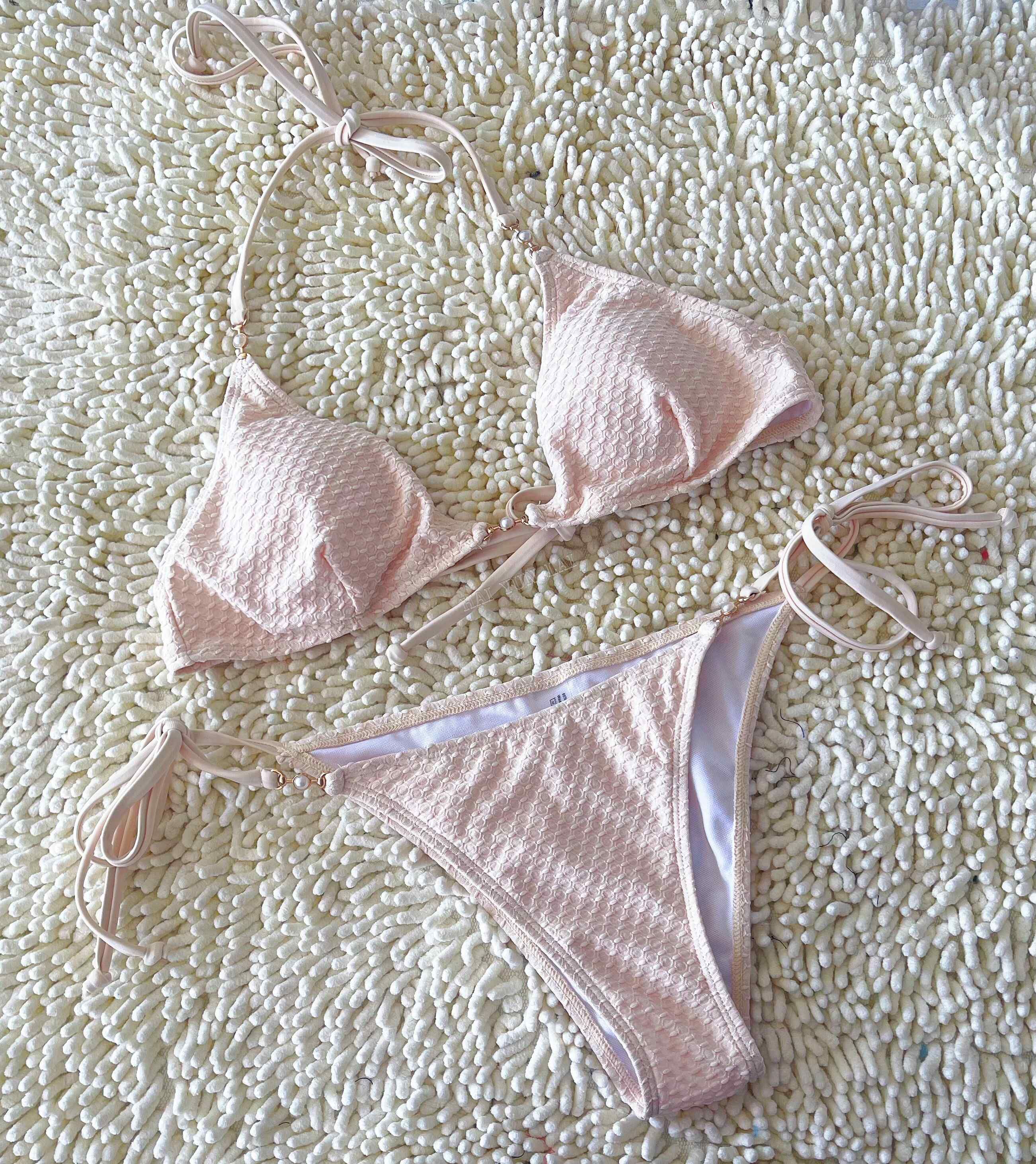 Cubic Fabric Pearls Accessories Swimsuit Elegant Beige Bikini Cubic Fabric Pearls Accessories Swimsuit Elegant Beige Bikini