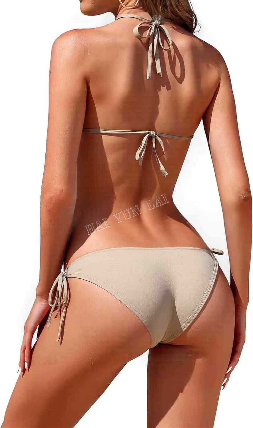 Beige Three Point Tie Bikini Simple Sexy Seashell Embellished Swimsuit Beige Three Point Tie Bikini Simple Sexy Seashell Embellished Swimsuit