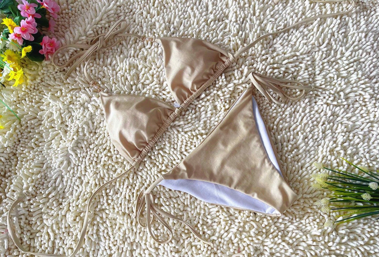 Beige Three Point Tie Bikini Simple Sexy Seashell Embellished Swimsuit Beige Three Point Tie Bikini Simple Sexy Seashell Embellished Swimsuit