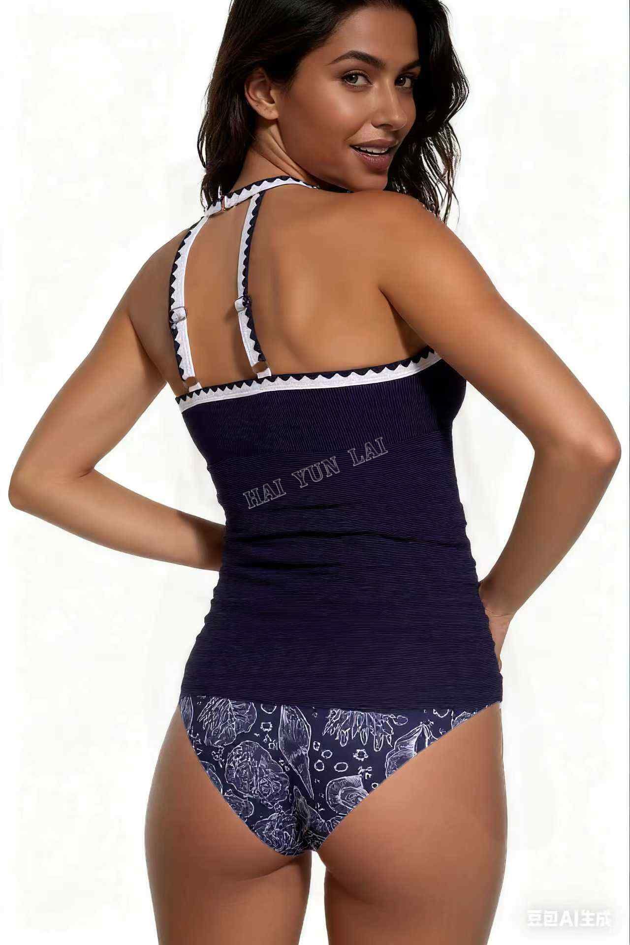 Spot Eco-friendly Fabric Navy Round Neck Swimsuit Sexy Tankini Spot Eco-friendly Fabric Navy Round Neck Swimsuit Sexy Tankini